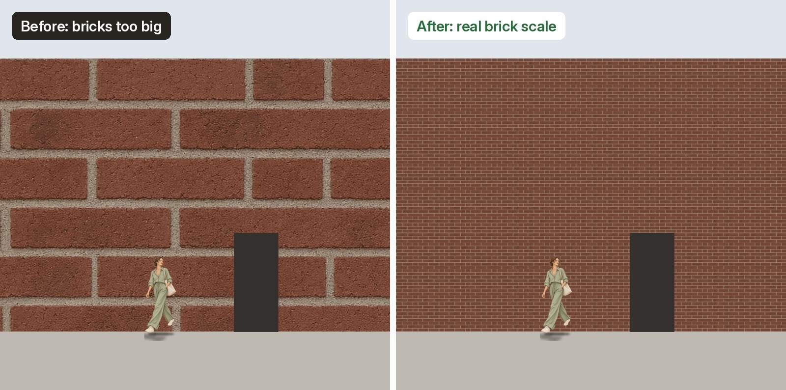 Before and after brick elevation with a person and a door for scale: before, giant bricks; after, standard-size bricks in running bond