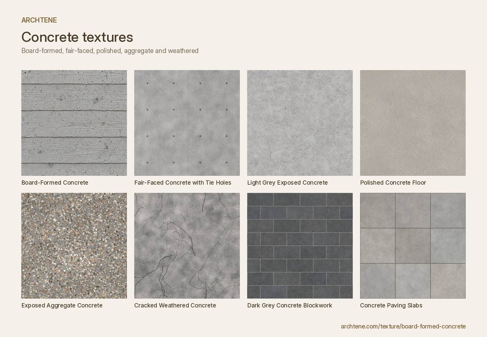 Board of eight concrete textures: board-formed, fair-faced with tie holes, light grey exposed, polished, exposed aggregate, cracked, blockwork and paving slabs