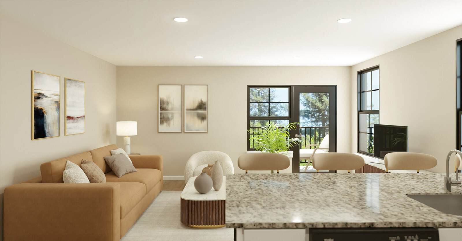 Interior render of an open living and kitchen space with timber floorboards, a granite worktop, a tan sofa and tall windows