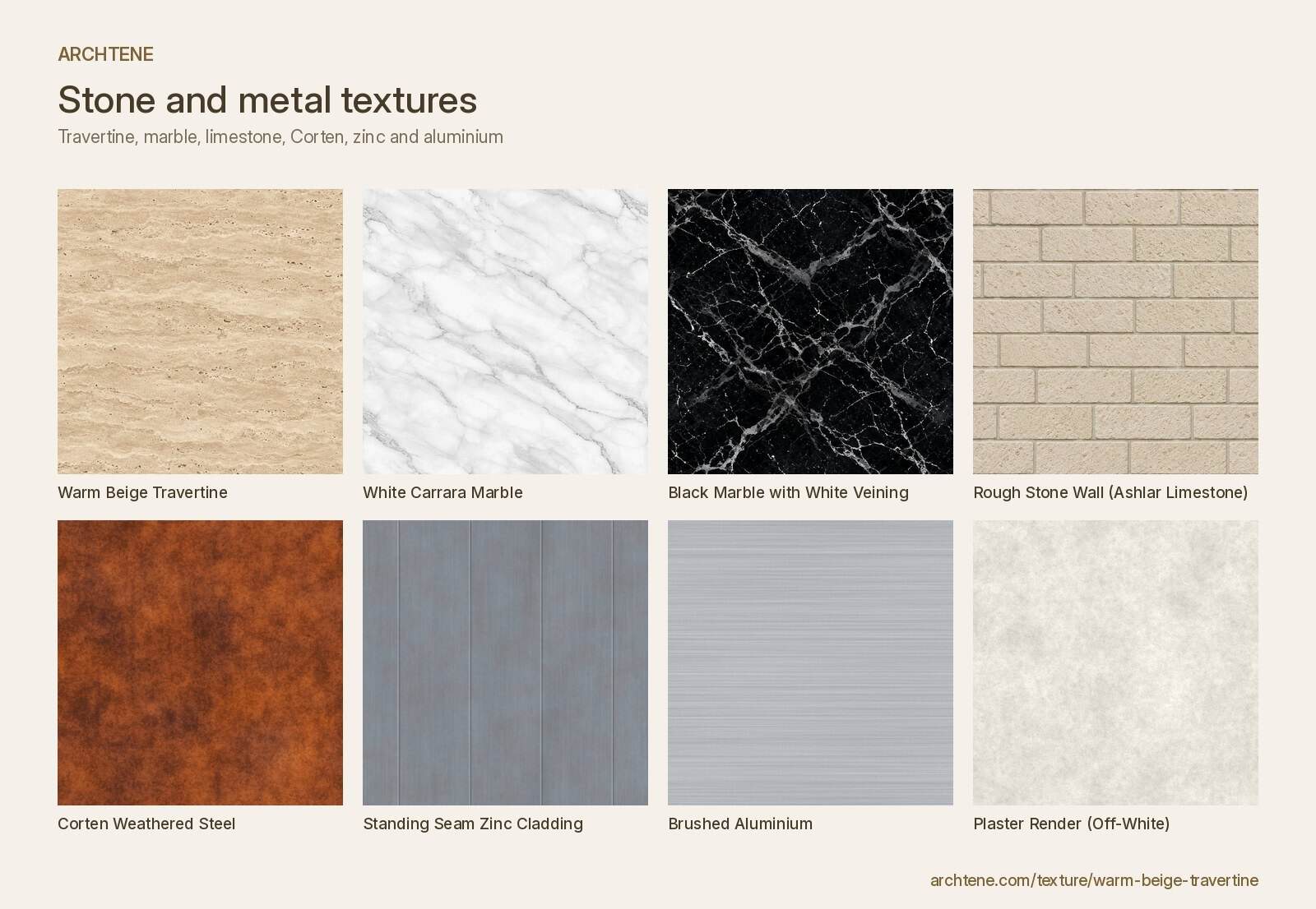 Board of stone and metal textures: travertine, Carrara marble, black marble, ashlar limestone, Corten steel, standing seam zinc, brushed aluminium and plaster render