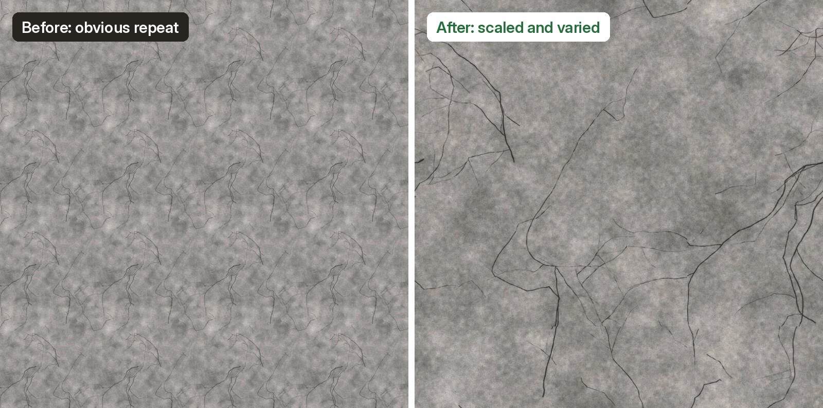 Before and after of a cracked concrete texture: before, a small tile repeated into an obvious pattern; after, a larger and varied version without visible repeats