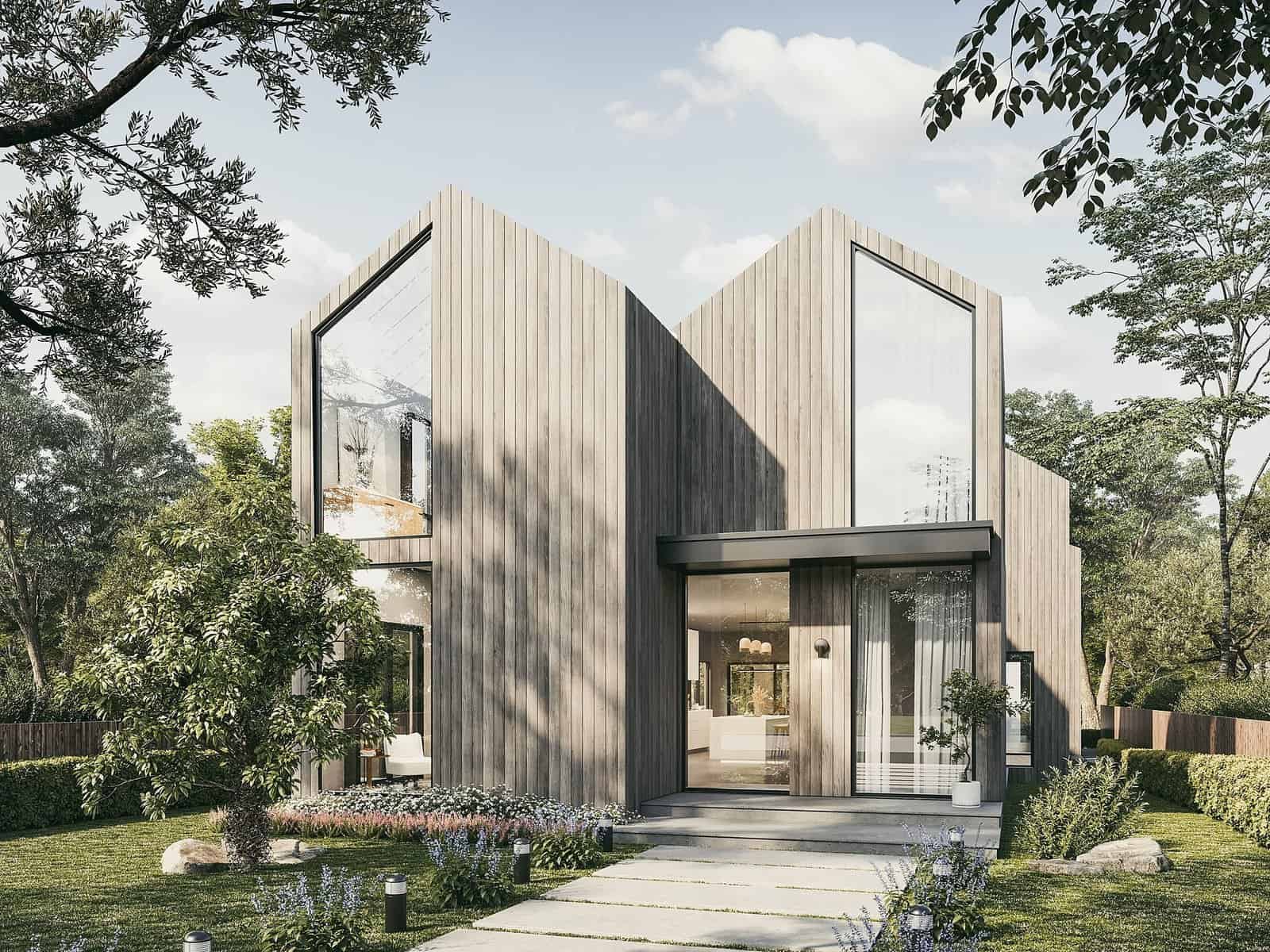 Architectural render of a contemporary house with two vertical timber-clad gables, tall windows and a planted garden