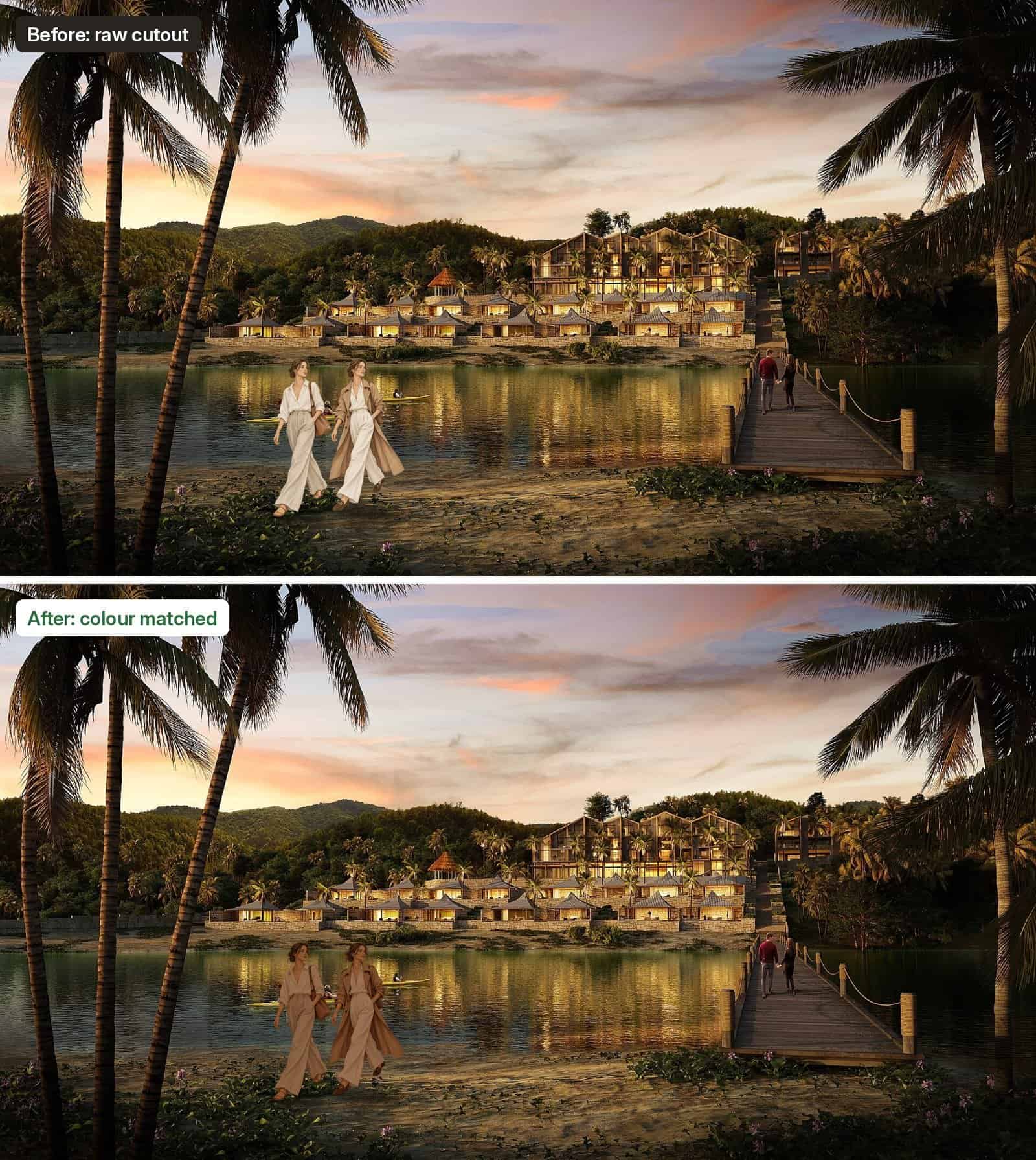 Before and after on a sunset resort render: before, two women in cool bright white clothes; after, the same figures warmed and darkened to match the sunset light