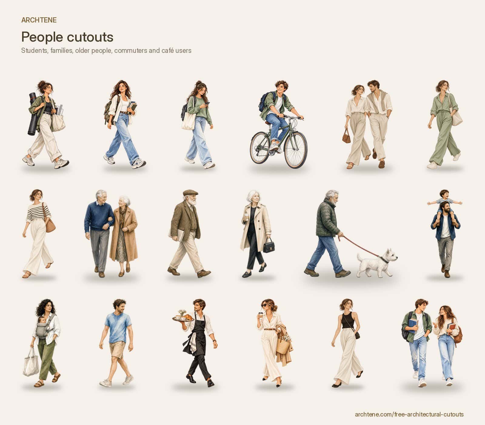 Grid of eighteen people cutouts including students, couples, older people, a man walking a dog, a waiter and a parent carrying a baby