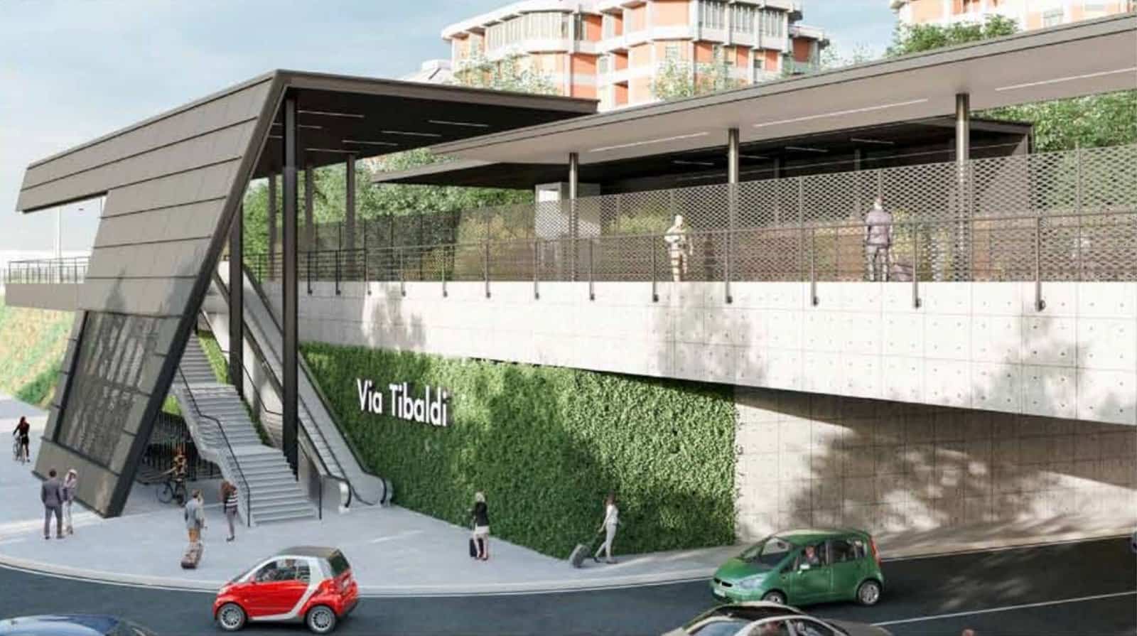 Render of a raised railway station entrance with a folded canopy, stairs, a green wall, people on the platform and two small cars on the street