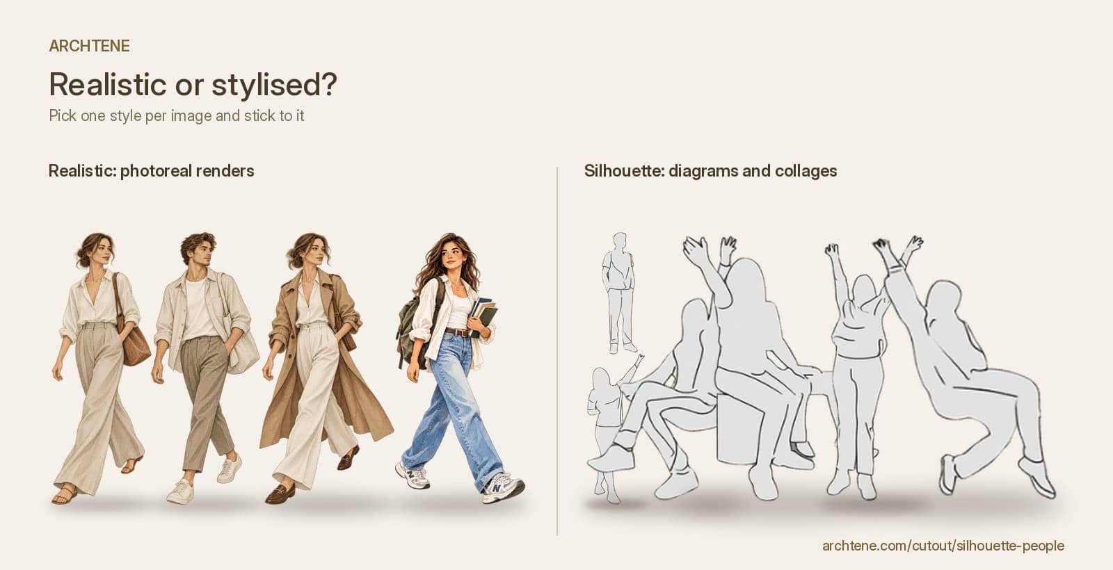 Side-by-side comparison of realistic walking people cutouts and grey silhouette people cutouts