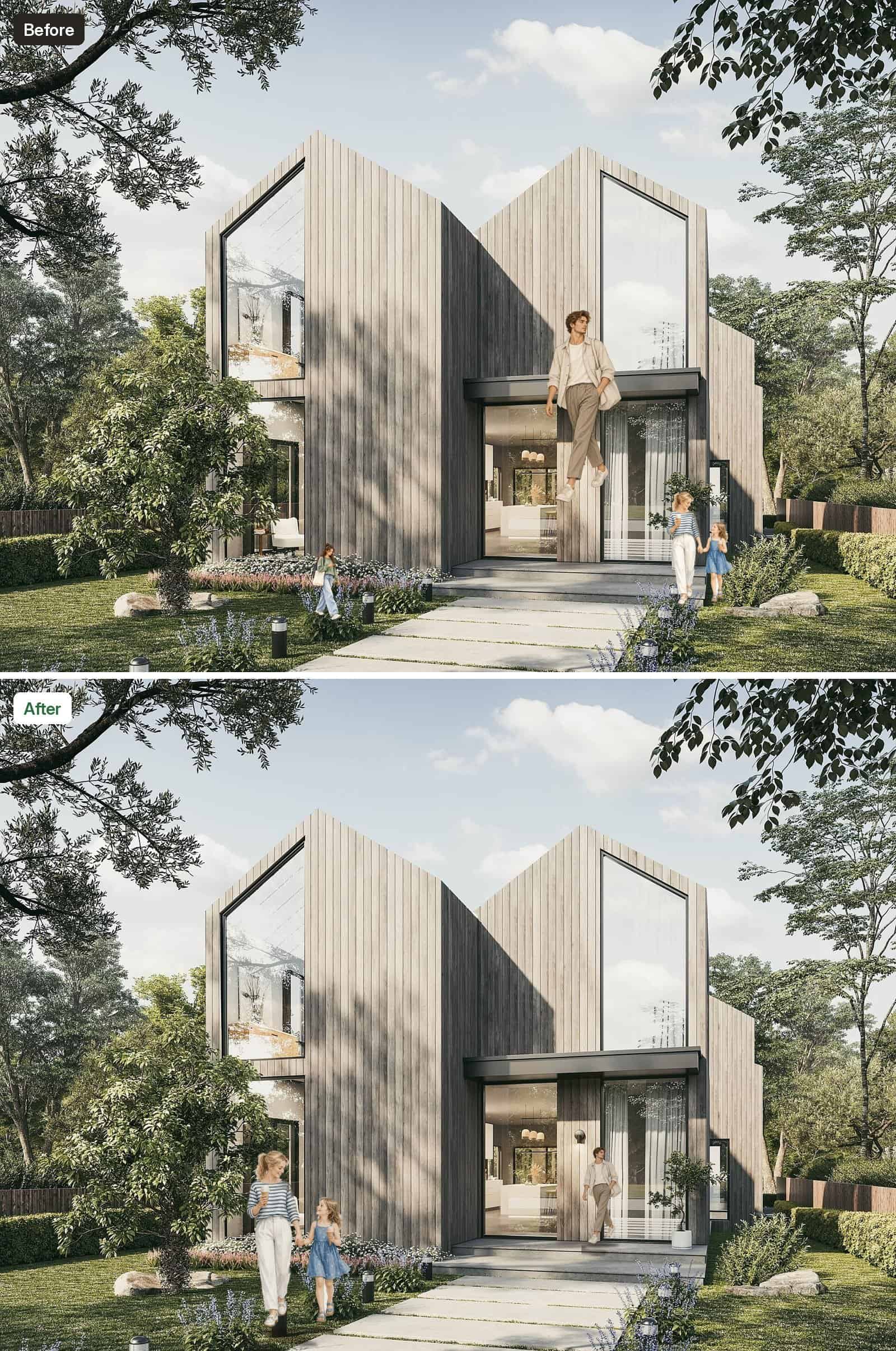 Before and after comparison on a timber gable house render: before, a floating oversized woman and tiny children; after, correctly scaled people with soft ground shadows