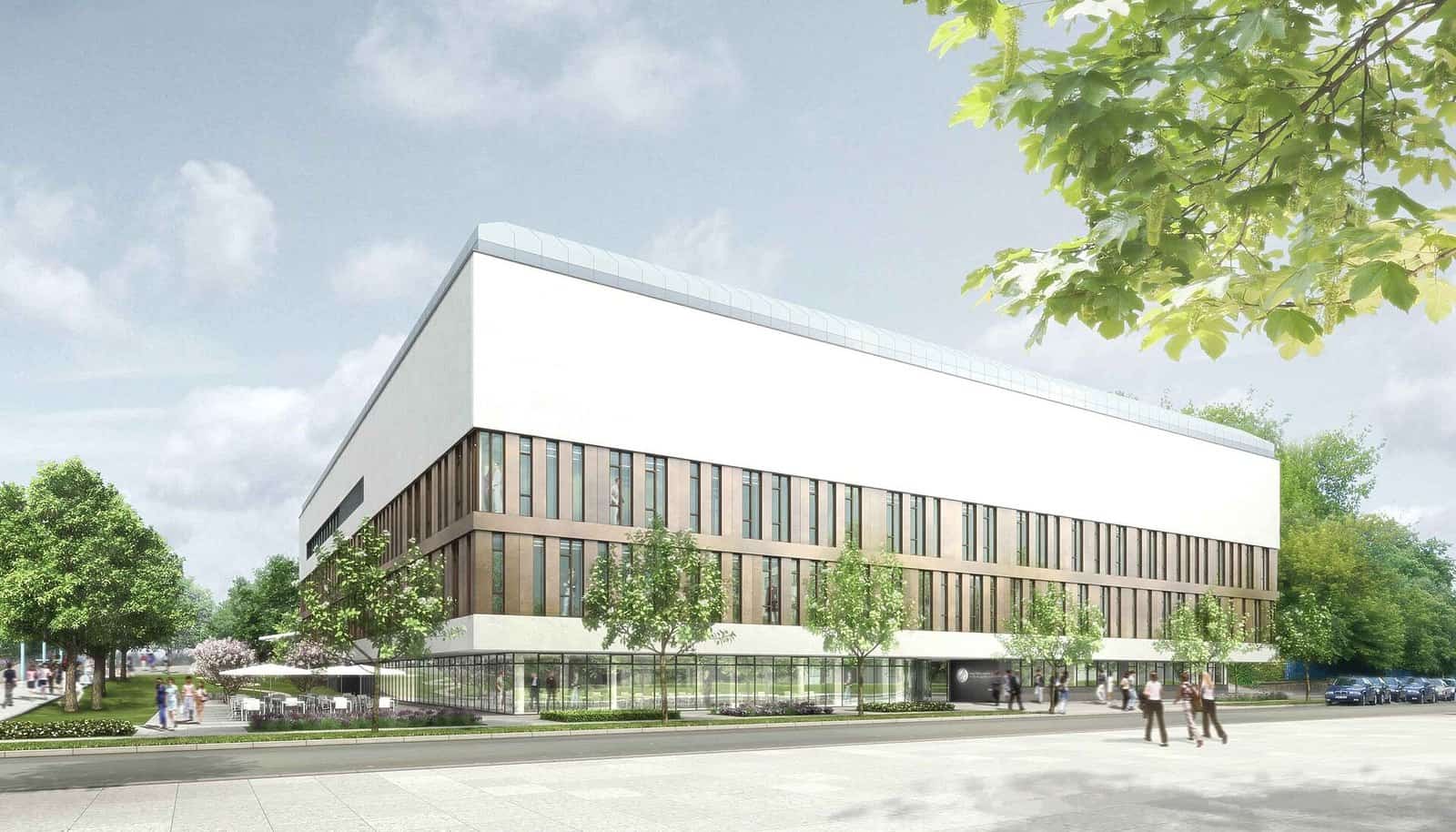 Architectural render of a long white institute building with a glazed ground floor, street trees and small groups of people walking along the pavement