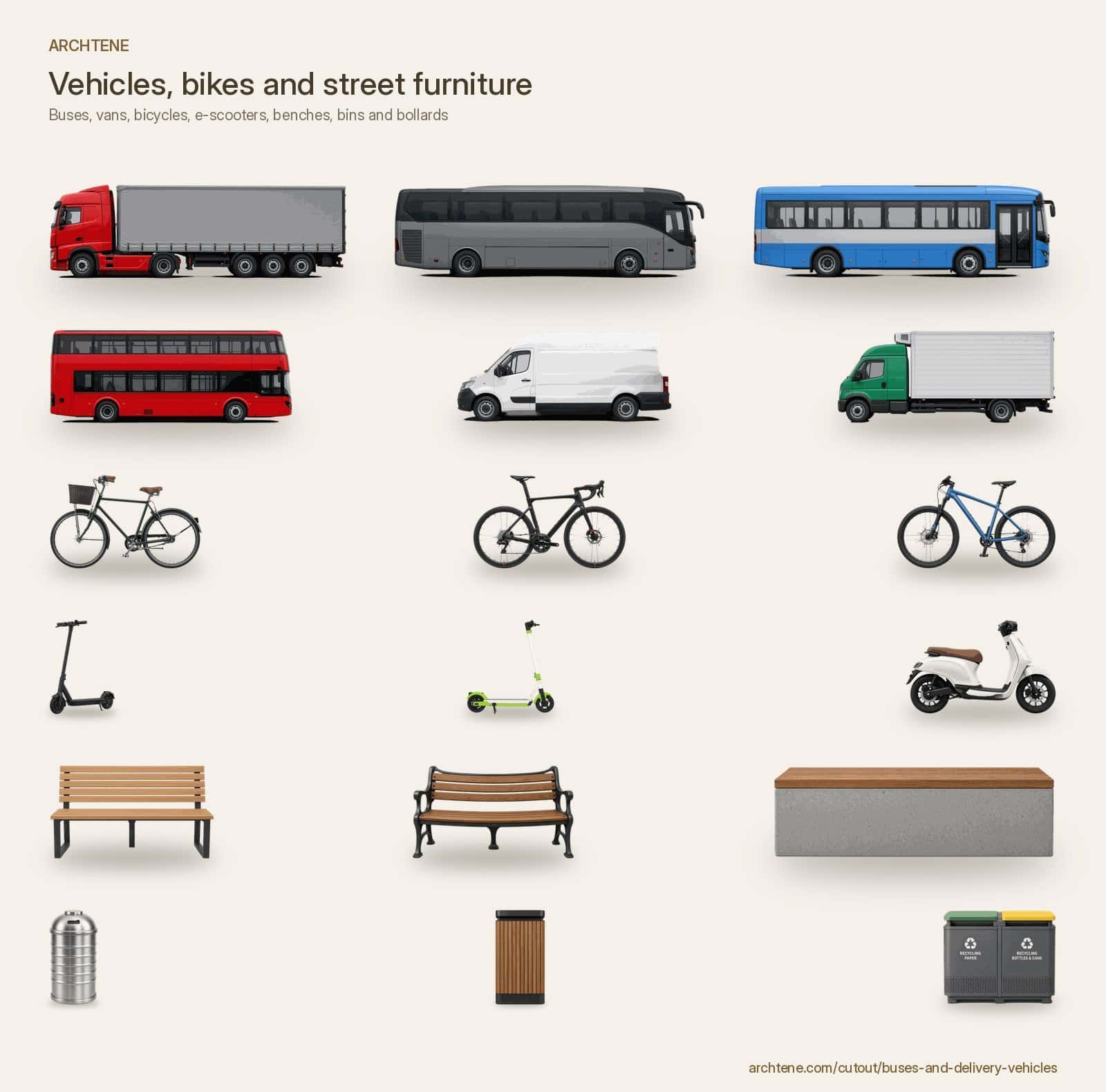 Grid of side-on vehicle cutouts including a truck, coach, buses, a van, bicycles, e-scooters, a moped, benches and bins