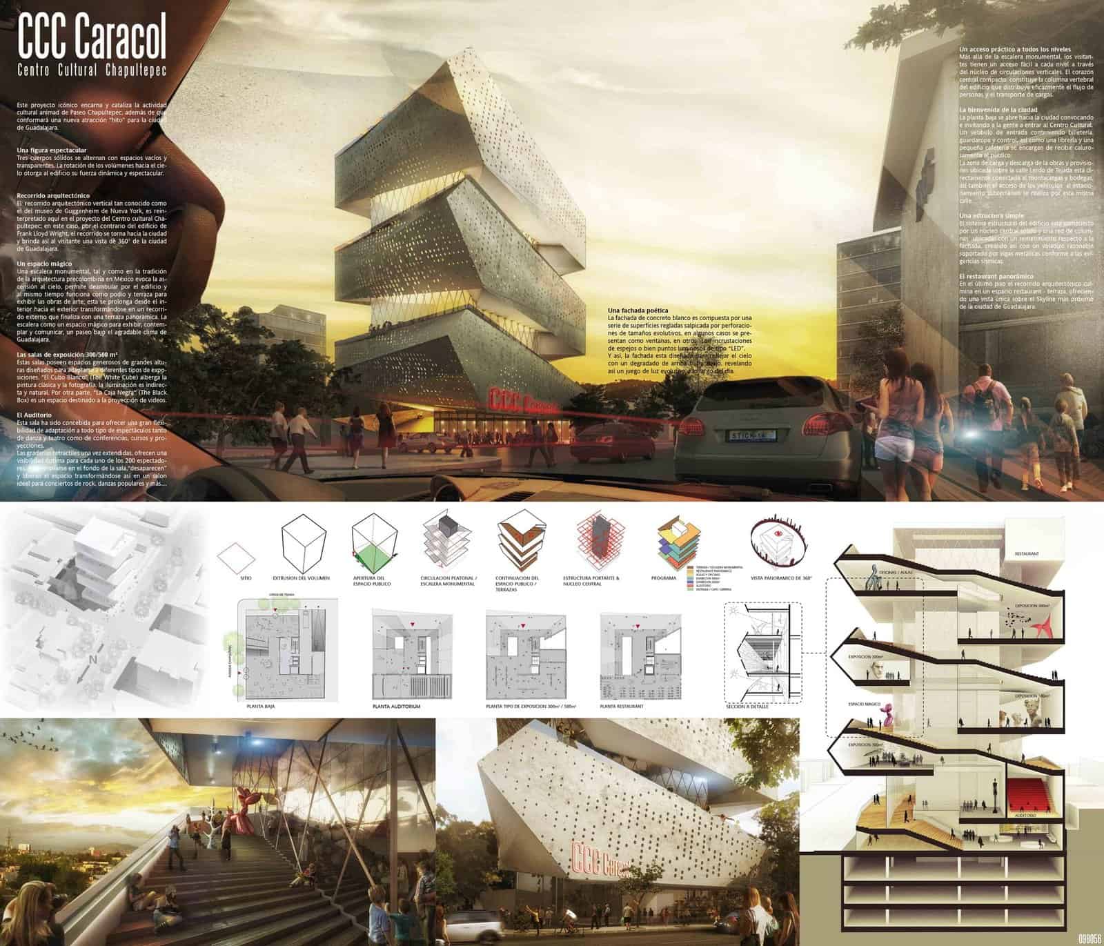 Architecture presentation board for the CCC Caracol cultural centre in Guadalajara by PM²G Architects, with a large dusk street render on top, a row of small concept diagrams and plans in the middle, and interior renders and a long section below