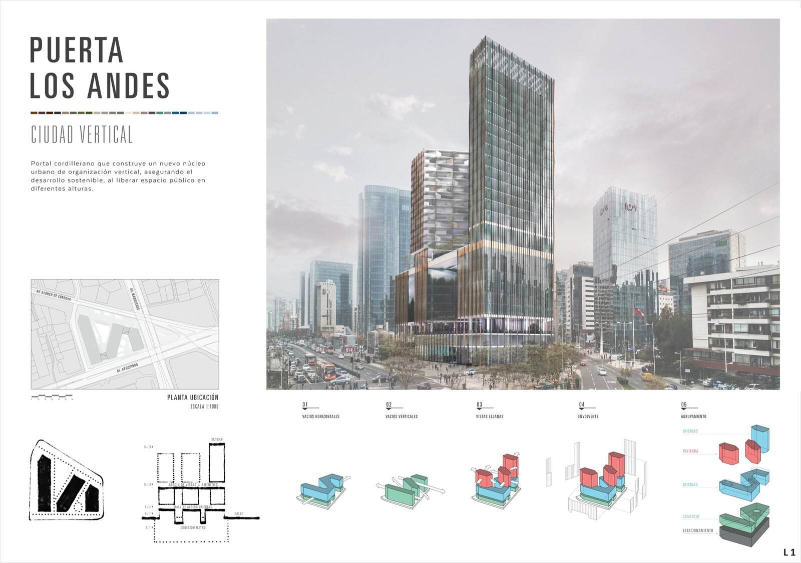 Clean white architecture presentation board for Puerta Los Andes by +Arquitectos and Sauerbruch Hutton, with a large title and colour bar at top left, a photomontage of the towers on the main street, a grey location plan and a row of colourful massing diagrams along the bottom