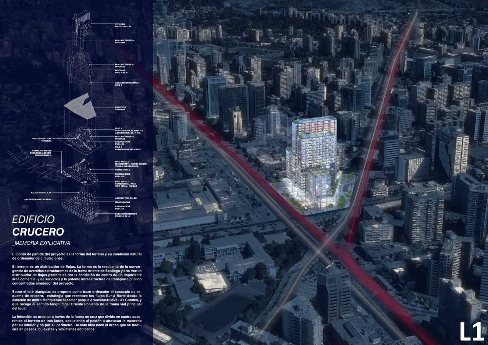Dark full-bleed architecture presentation board for Edificio Crucero by Sabbagh Arquitectos, a night aerial of Santiago with red lines tracing the avenues to a glowing tower, and an exploded axonometric and white text on a dark blue panel on the left