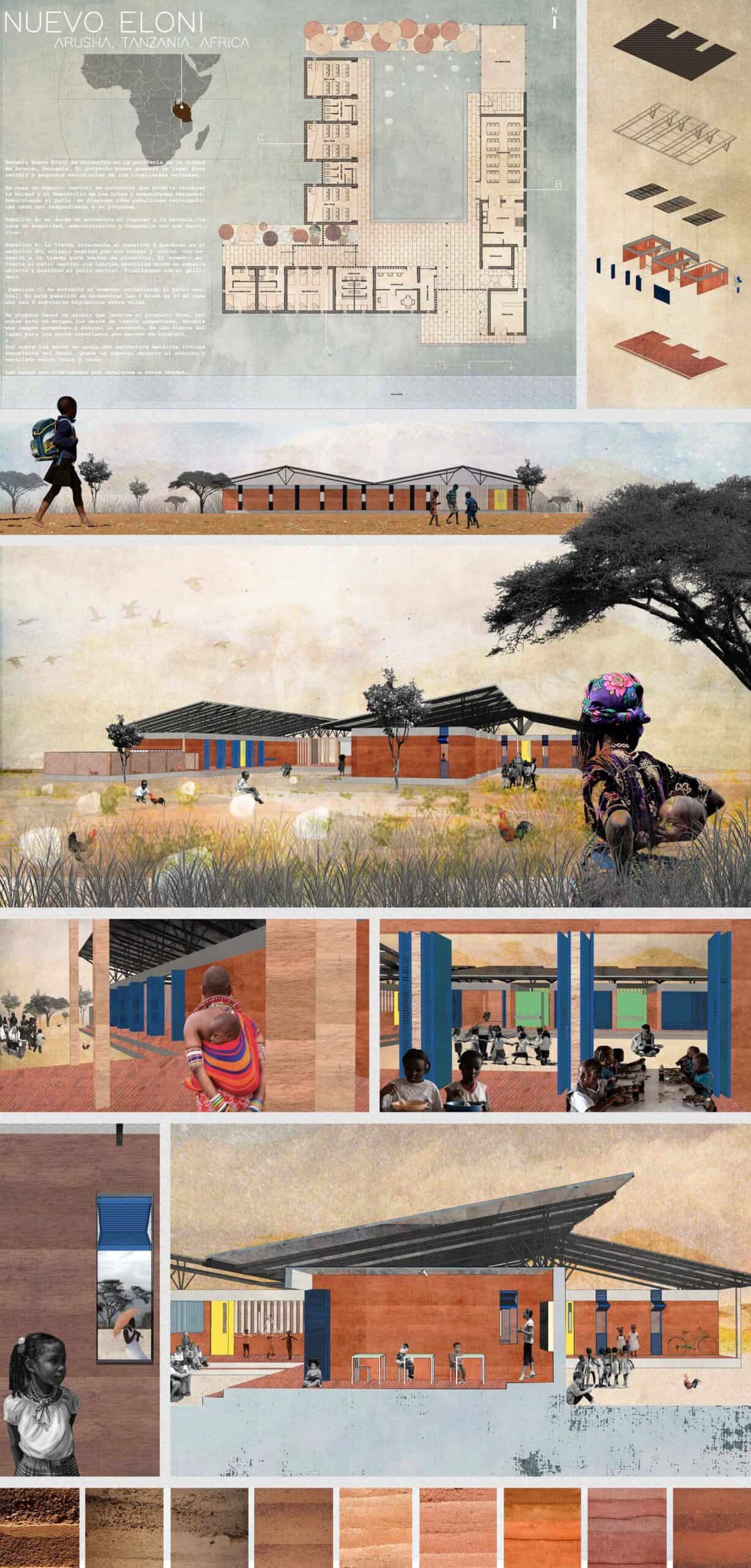 Tall portrait competition board for a school in Arusha, Tanzania by Sebastián Silva Zunza Arquitecto, with a plan and exploded axonometric at the top, painterly perspectives of children and teachers around the brick classrooms in the middle and a strip of earth colour swatches at the bottom