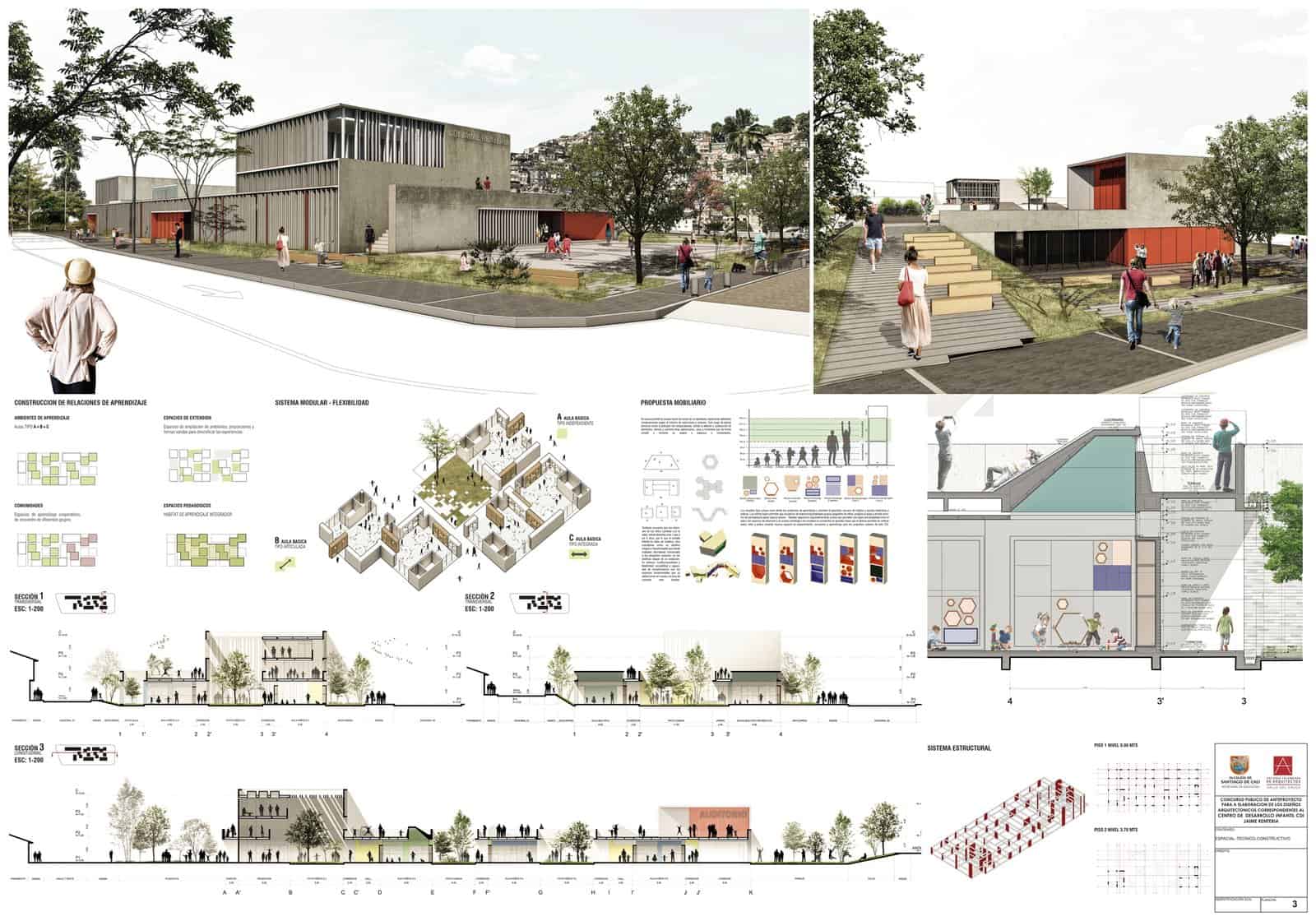Landscape architecture presentation board for the Jaime Rentería child development centre in Cali, with two street renders on top, an exploded axonometric and furniture diagrams in the middle, and long sections full of children, parents and trees along the bottom