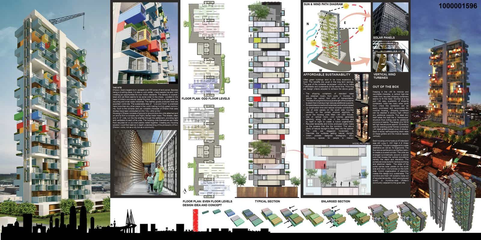 Dense single landscape competition board by GA Design for a shipping container skyscraper in Dharavi, Mumbai, with a colourful tower render on the left, floor plans and sections in the centre, sustainability diagrams and a night render on the right and a strip of container diagrams along the bottom