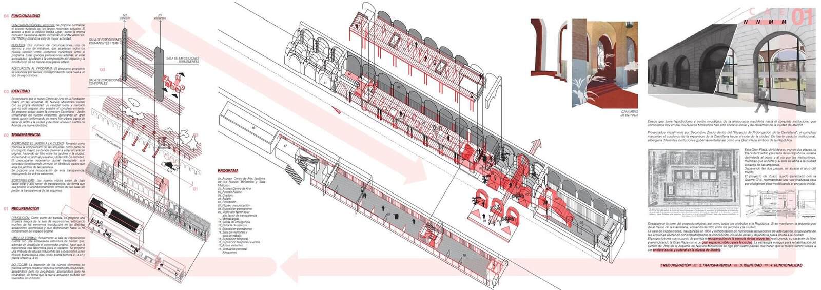 Wide architecture presentation board for the Nuevos Ministerios Arquerías art centre in Madrid by AGi architects, a long black line axonometric of the arcade with new interventions highlighted in red, red diagonal bands, interior renders and text columns