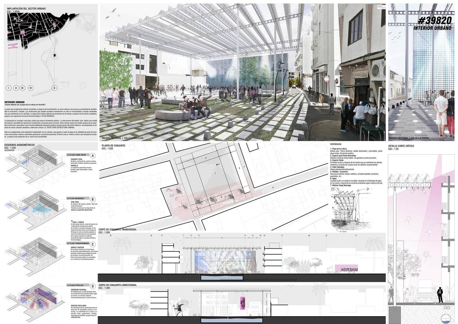Landscape competition board for Interior Urbano in Arrecife, Lanzarote by Paralelo Colectivo, with a large street-level render of a shaded plaza on top, a column of four axonometric scenarios on the left, a site plan in the centre and long sections and a detail section at the bottom and right