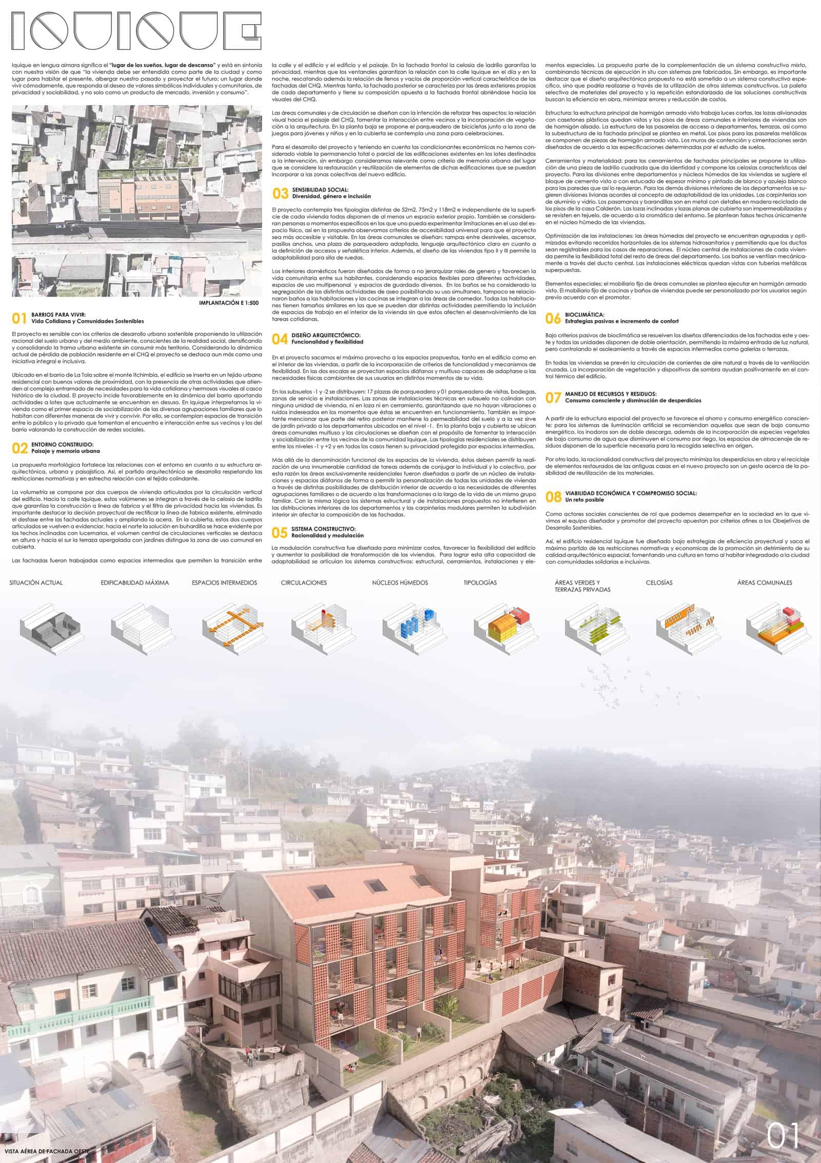 Portrait architecture presentation board for Edificio Iquique in Quito by Jaramillo van Sluys Arquitectura and Urbanismo, with a large stencil title and dense numbered text columns at the top, a row of yellow axonometric diagrams in the middle and a misty aerial photomontage of the brick building in the hillside neighbourhood below