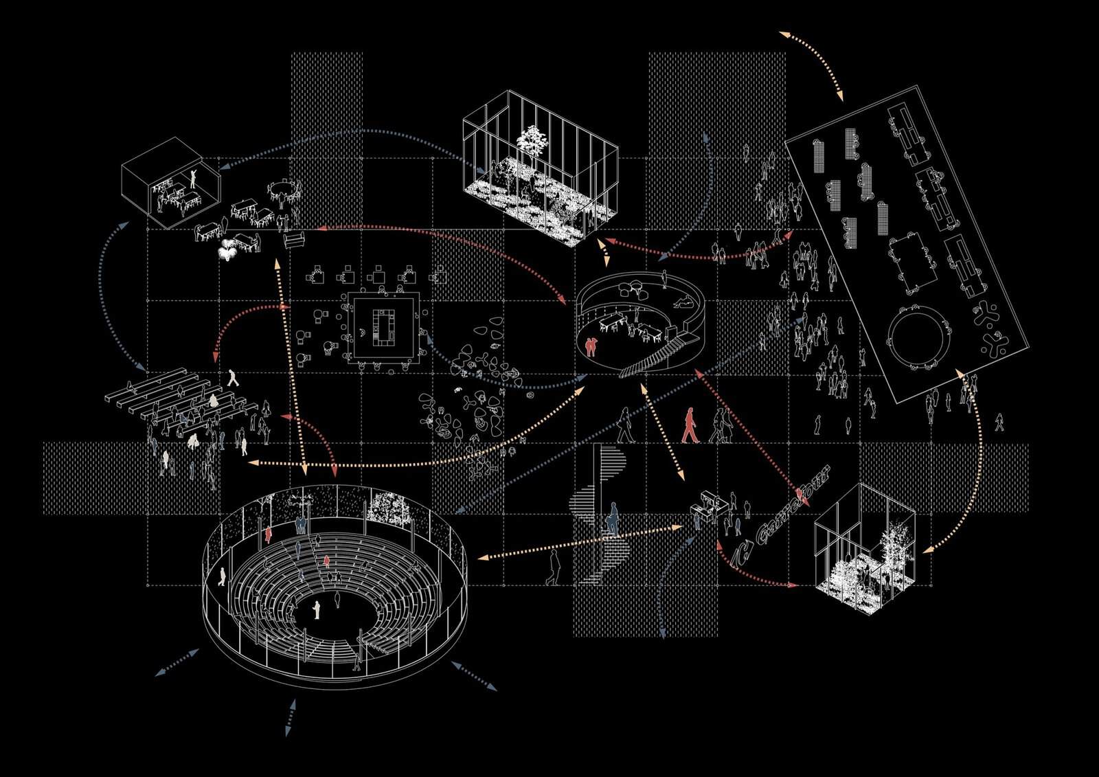 Black background A0 diagram poster by Clément Blanchet Architecture for the Carrefour research centre in Saclay, with white line axonometrics of rooms and an amphitheatre on a dotted grid linked by curved red, orange and blue arrows