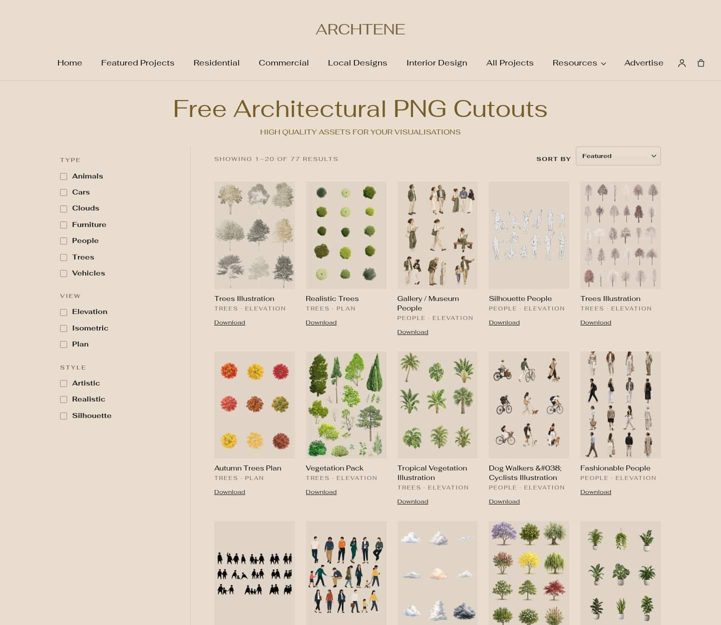 Screenshot of the Archtene free architectural cutouts library page showing cutout packs sorted by category