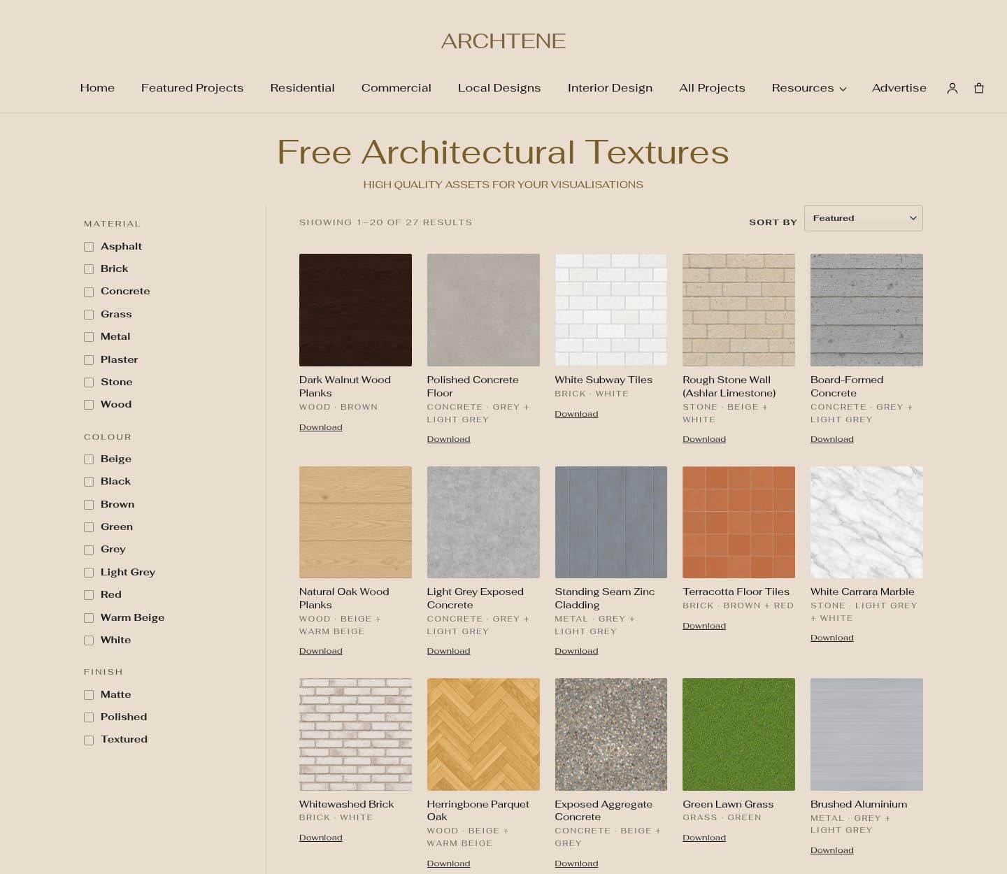 Screenshot of the Archtene free architectural textures library page showing seamless material swatches