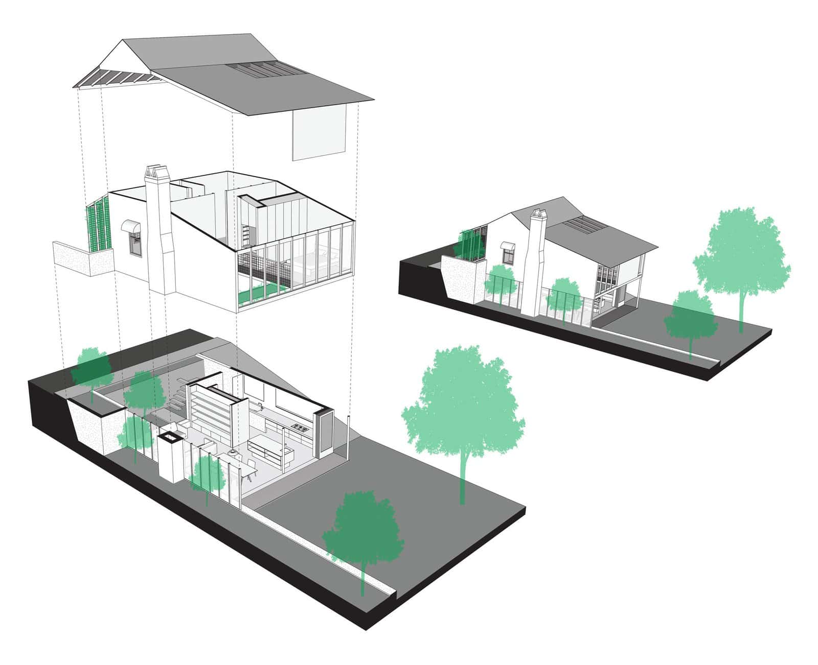 Exploded axonometric drawing of Terrarium House by John Ellway Architect, Brisbane, with roof and upper floor lifted above a black ground slab and green trees