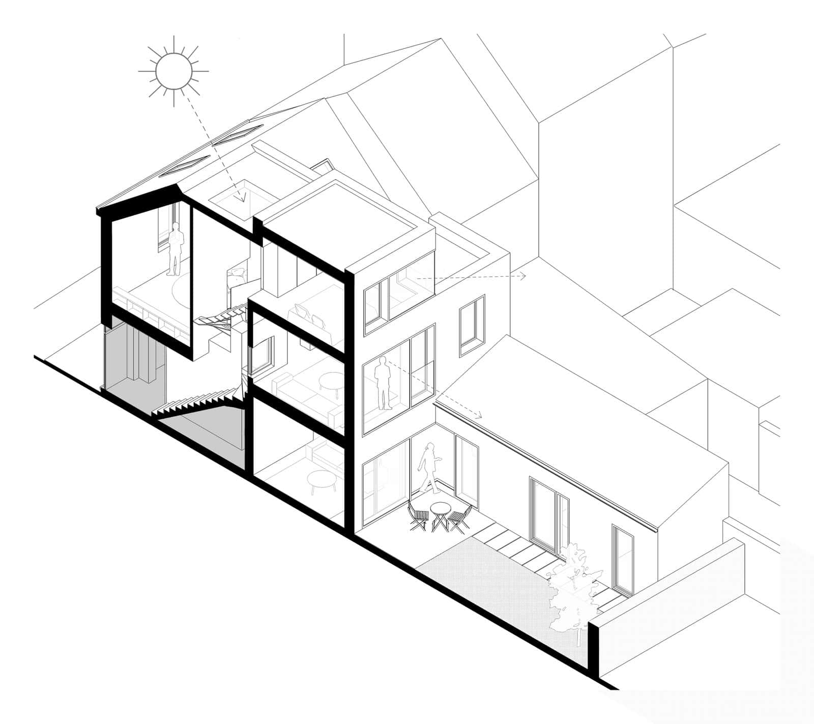 Sectional axonometric drawing of KOW House by Edouard Brunet, a Brussels terrace cut open with solid black walls and slabs, a sun symbol and a rear courtyard
