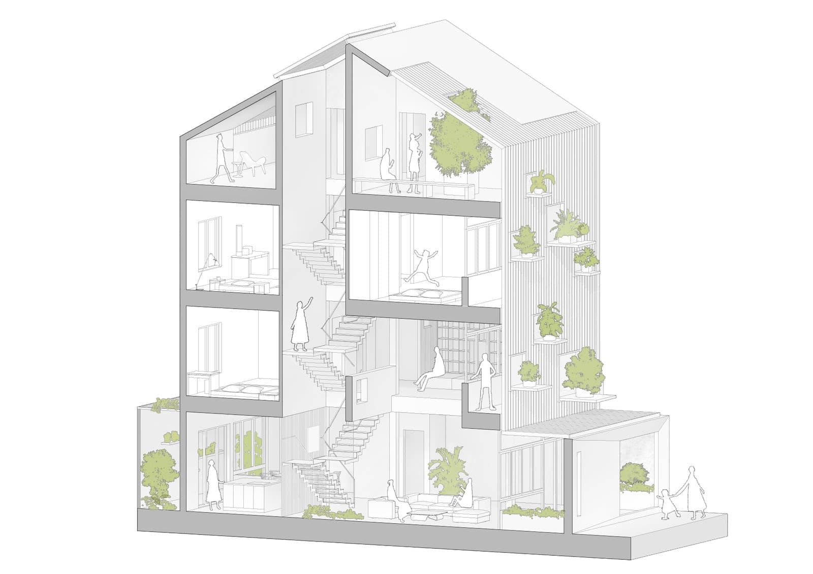 Inhabited cutaway axonometric drawing of TH House by DANstudio, Hanoi, with outline figures on every floor, a child jumping on a bed and potted plants on a slatted facade