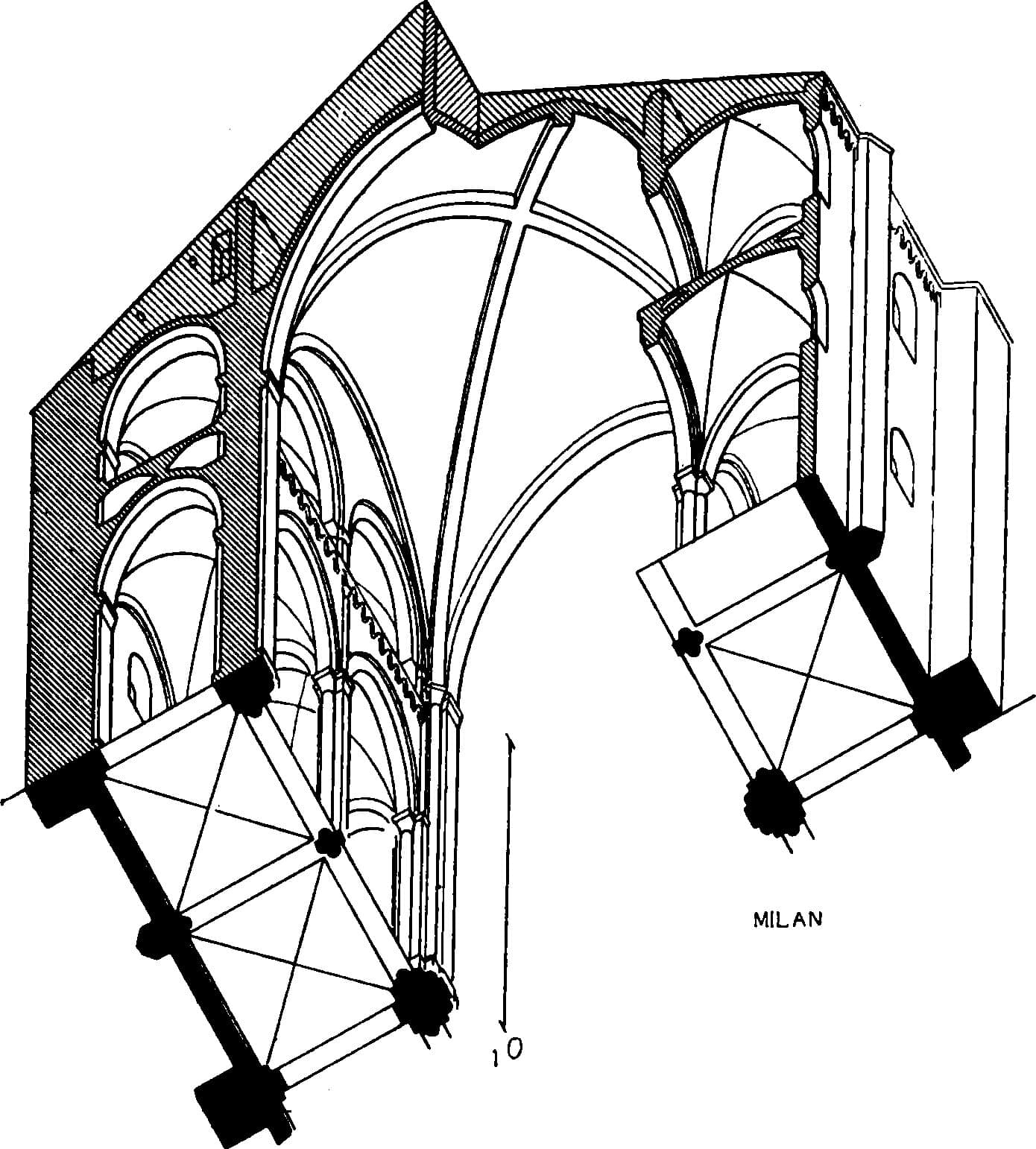 Worm's-eye plan-axonometric of the Basilica of Sant'Ambrogio in Milan by Auguste Choisy, with black cut piers below and rib vaults seen from underneath