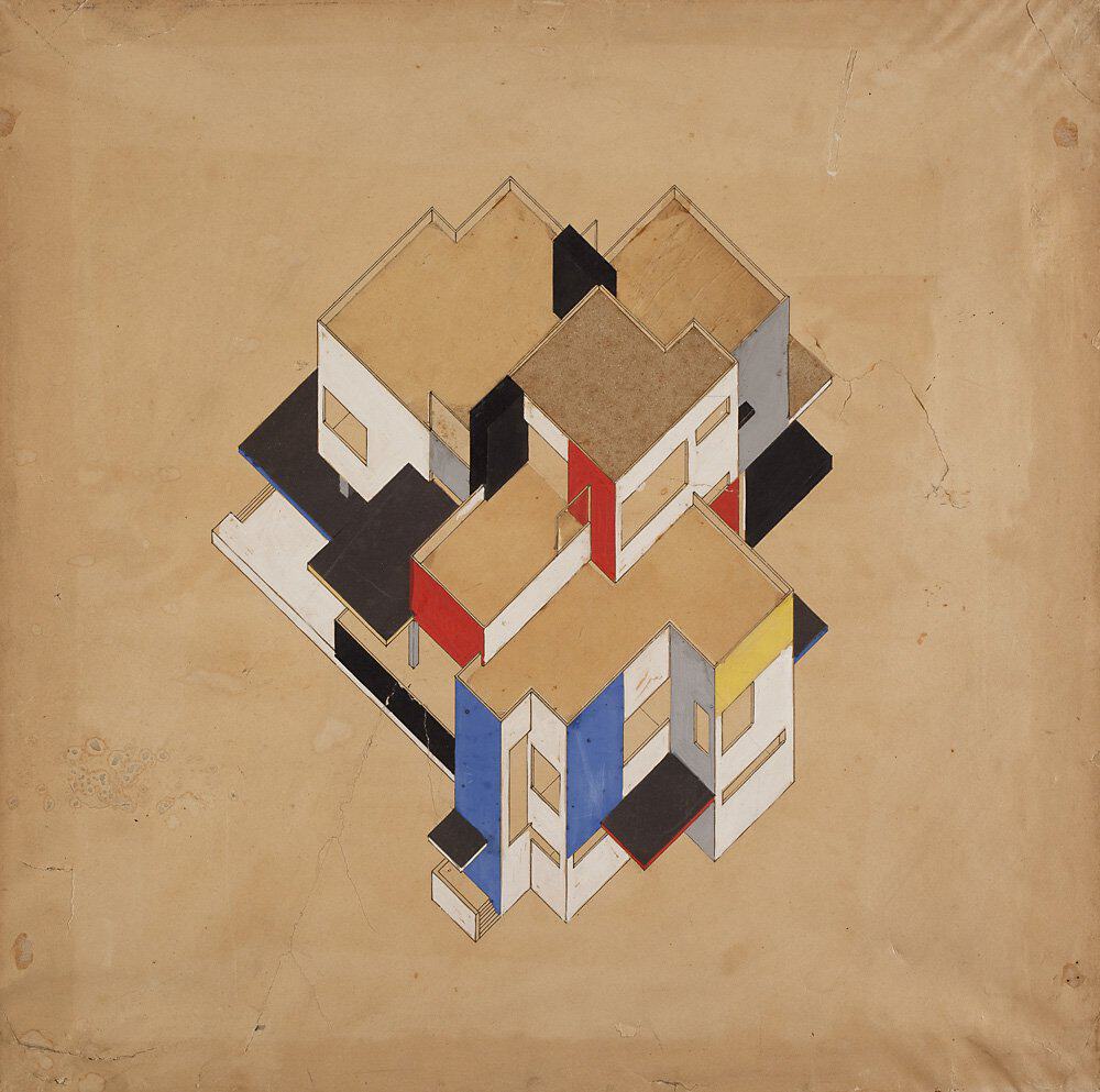 De Stijl colour axonometric of the Maison Particulière by Theo van Doesburg and Cornelis van Eesteren, 1923, with red, blue, yellow, grey and black planes on brown paper