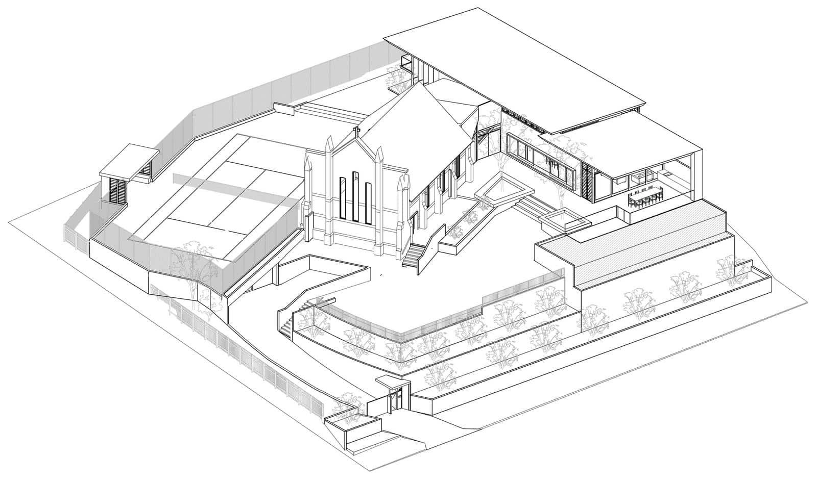Line-only axonometric drawing of Church House by DAHA, Brisbane, showing a heritage church, new terraces and a hillside garden drawn in fine black line