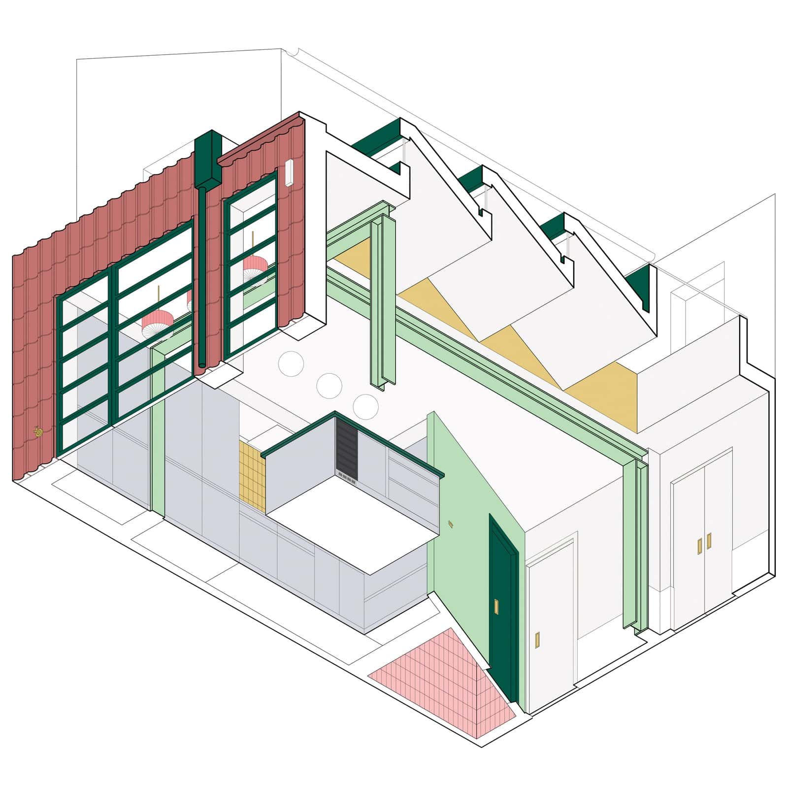 Colour-blocked axonometric drawing of Overcast House by Office S&M, London, with a terracotta scalloped wall, dark green window frames, mint steel beams and yellow ceiling planes
