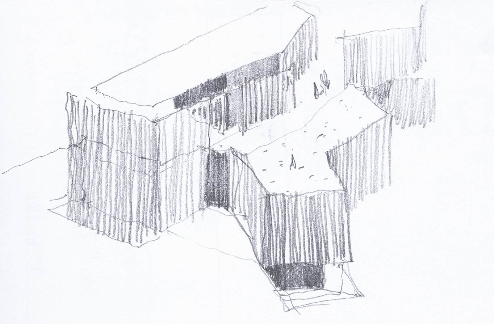 Hand-sketched pencil axonometric of house#1.130 by Estudio.Entresitio, Madrid, with loose vertical hatching on the walls of a long, low house