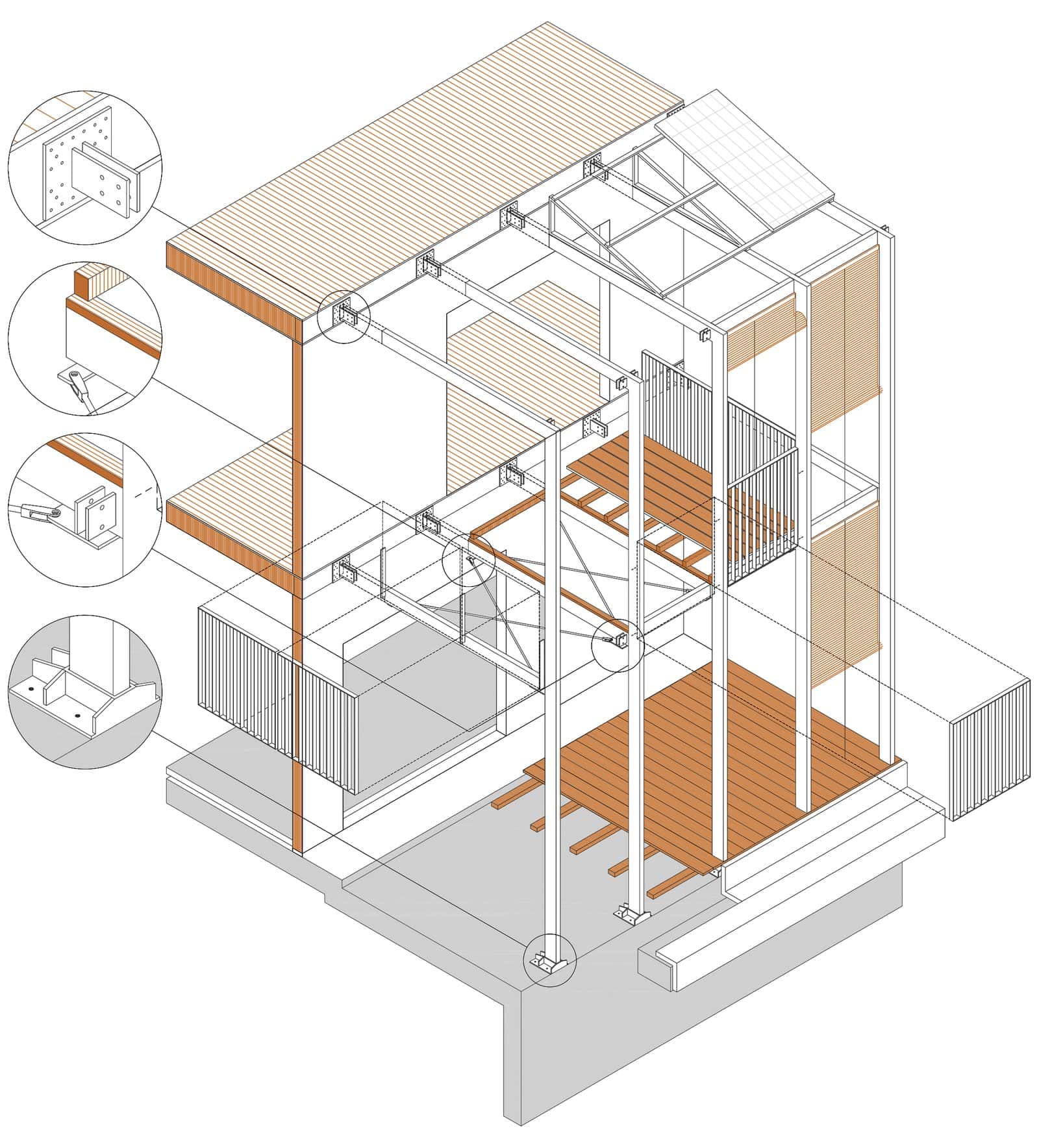 Structural constructive axonometric of BE House by SUMO Arquitectes, Argentona, showing a steel frame, timber floors in orange and circled joint details
