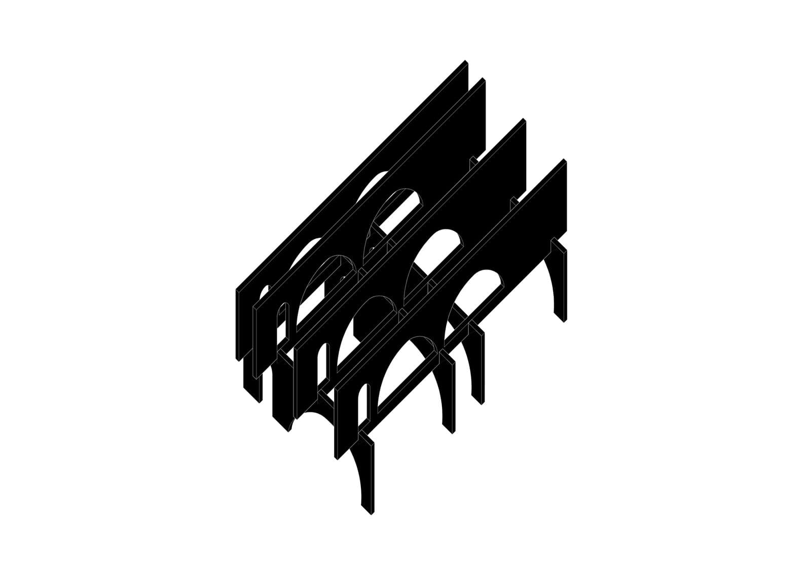 Solid black concept axonometric of North Perth House by Nic Brunsdon, Perth, showing parallel arched walls as pure black shapes
