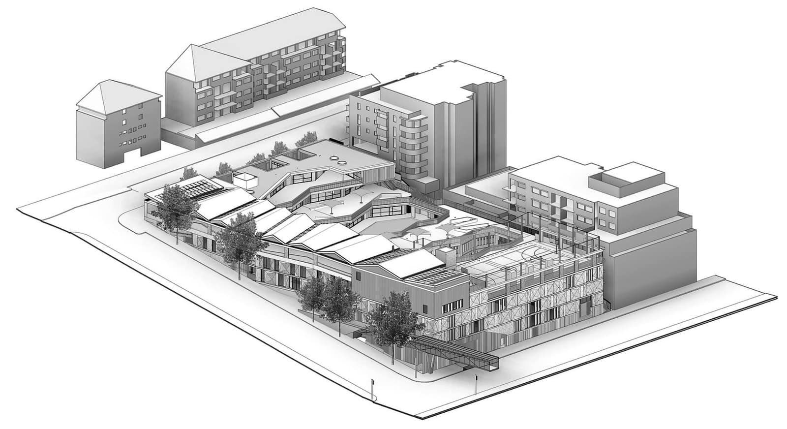 Urban aerial axonometric of Ultimo Public School by Lacoste + Stevenson, DesignInc and bmc2, Sydney, with terraced classrooms and trees among grey apartment blocks