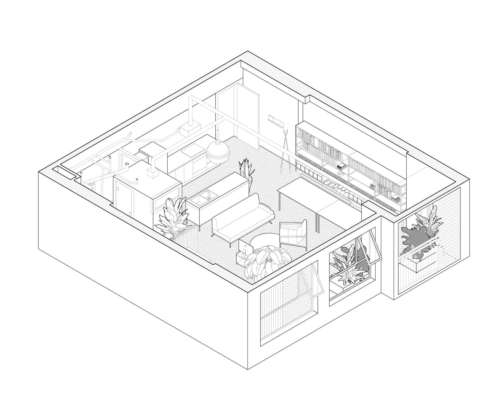 Interior axonometric drawing of Rivaparc Apartment by Nhabe Scholae, Ho Chi Minh City, a furnished open-plan apartment with sofas, shelves and indoor plants in fine line