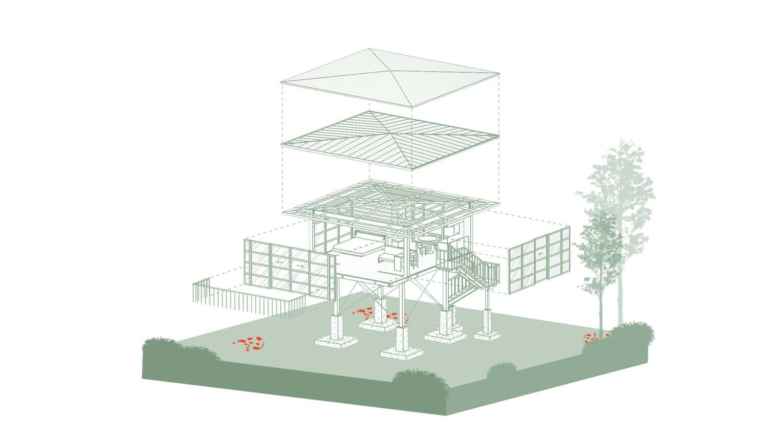 Model-base exploded axonometric of Treehouse Studio by Stilt Studios, Bali, a stilted timber studio on a thick sage-green ground slab with trees and red flowers
