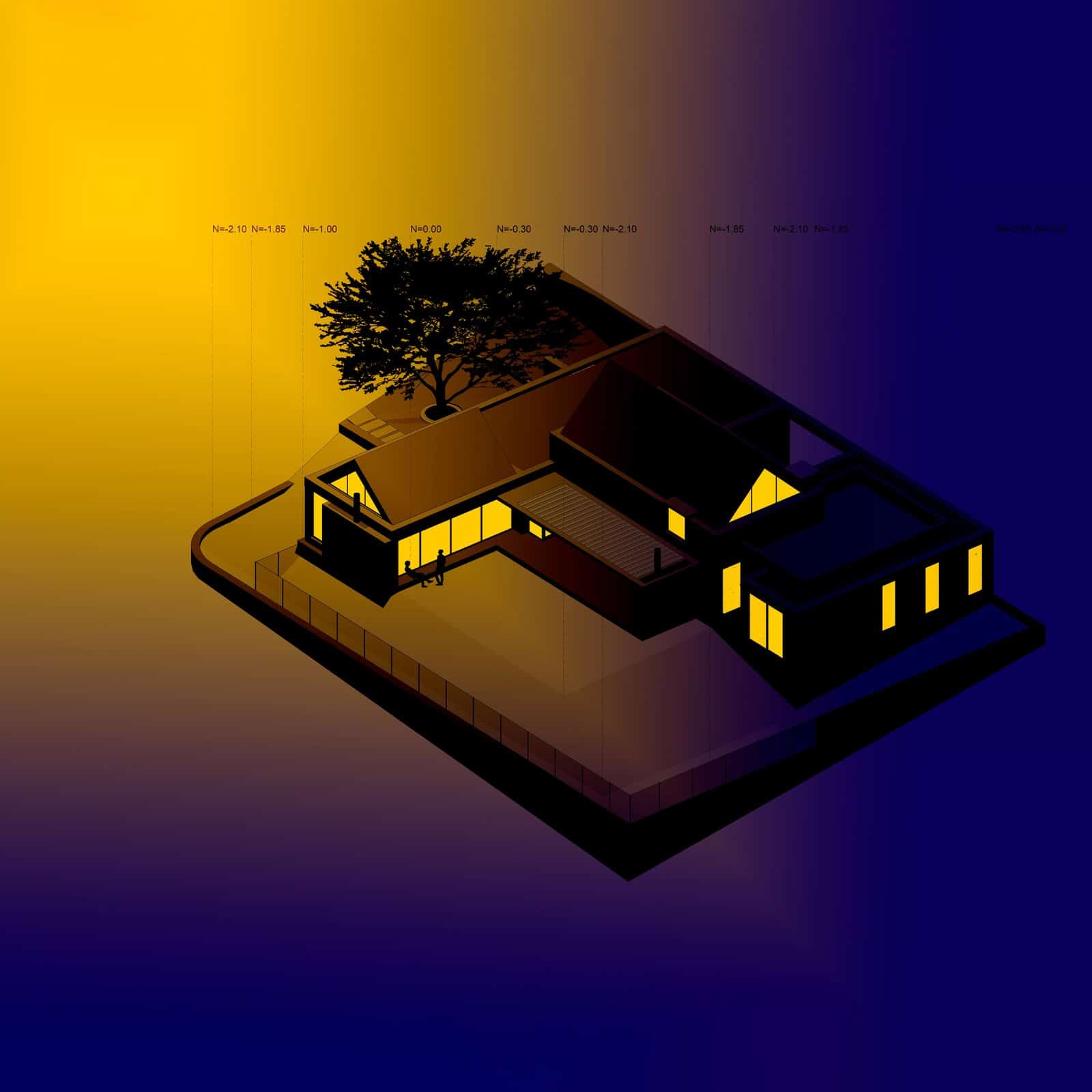 Night axonometric of Casa PM by Feliu Vega Kennedy Arquitectura, Ecuador, a dark house with glowing yellow windows on a gold to deep blue gradient background
