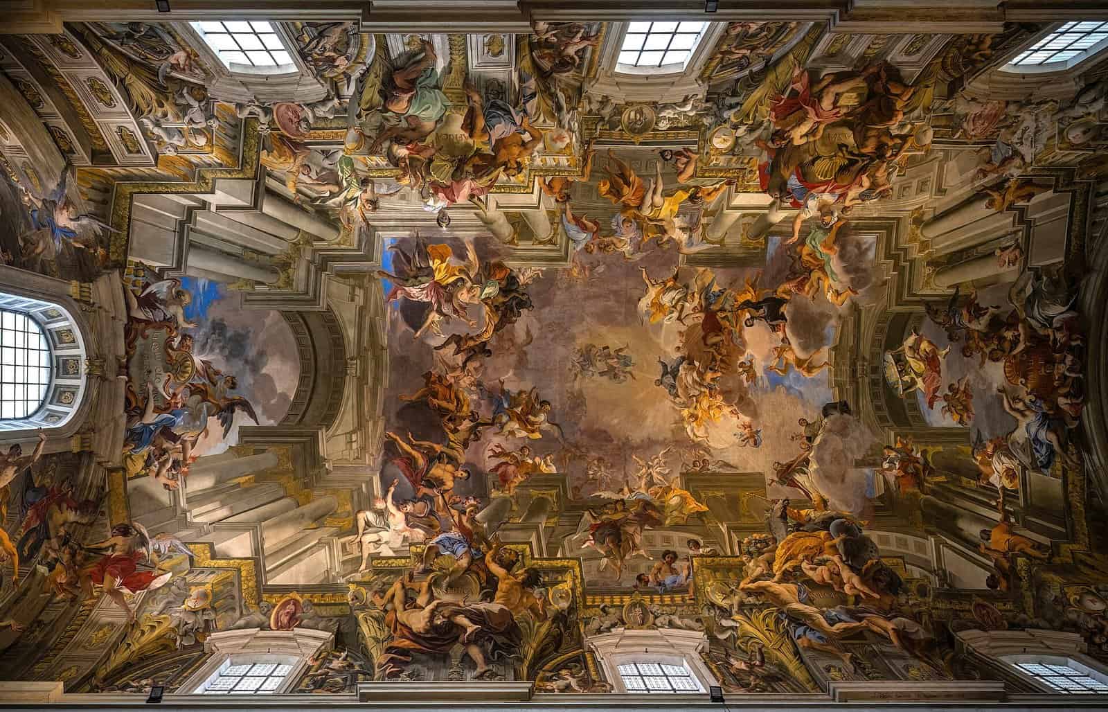 Andrea Pozzo's ceiling fresco in the church of Sant'Ignazio in Rome, where painted columns and arches appear to rise from the real walls into a sky crowded with saints and angels