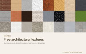 Grid of 24 seamless architectural texture swatches from Archtene including brick, oak, concrete, marble, Corten, parquet, travertine, slate and grass