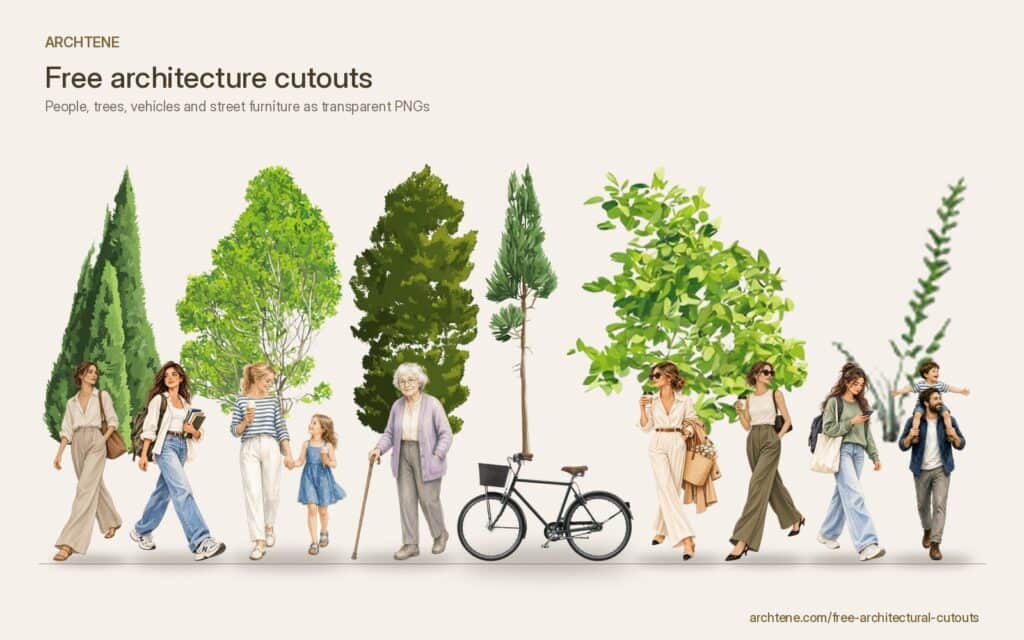 A lineup of free transparent PNG cutouts from Archtene: trees, walking people, an older woman with a cane, a parent with a child on his shoulders and a bicycle