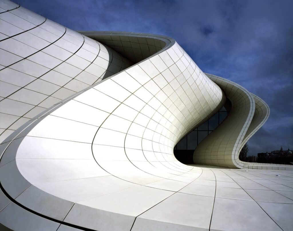Close-up of panelled white cladding peaking into a wave at the Heydar Aliyev Center
