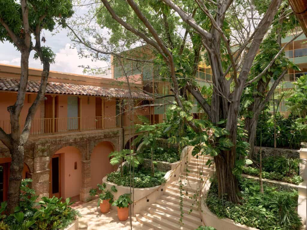 Old courtyard trees at Kimpton Las Mercedes Hotel shading a terracotta-tiled colonial wing, with a curving stone stair and planted terraces leading to the upper patio