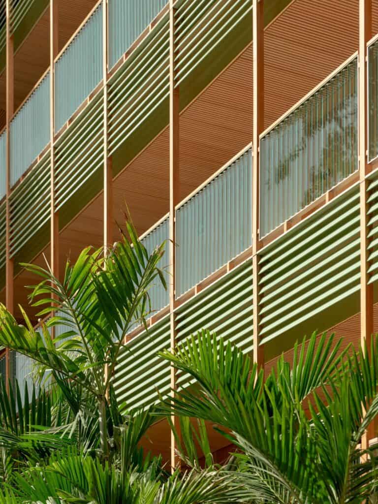 Close view of the new wings at Kimpton Las Mercedes Hotel, timber-framed open galleries with green horizontal louvres and vertical glass fins above palm fronds