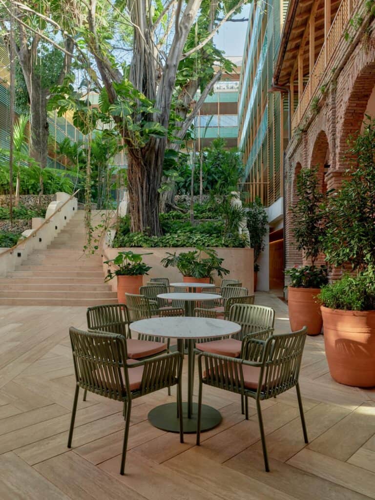 Upper courtyard terrace at Kimpton Las Mercedes Hotel, round tables and green woven chairs on timber decking under tall trees, with terracotta planters along the brick colonial wing