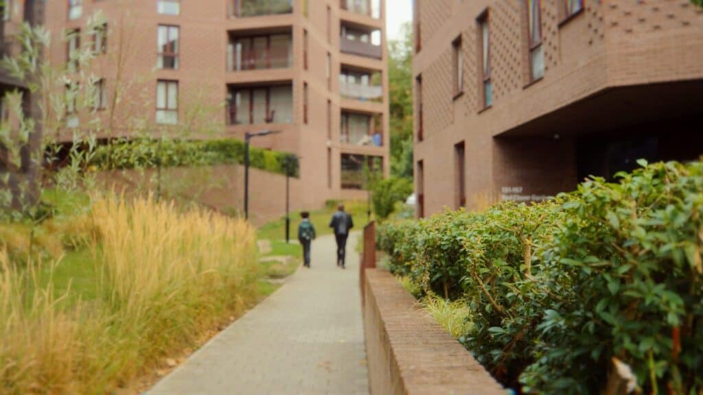 A paved public path running between ornamental grasses and clipped hedges at Lion Green Road, with brown brick apartment blocks and corner balconies rising on either side