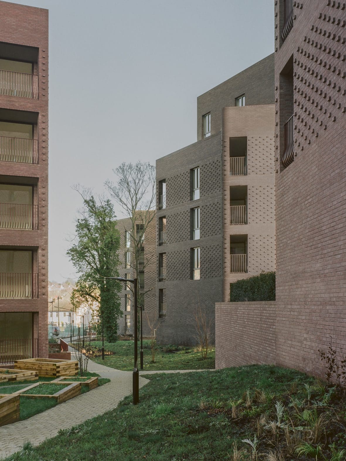 A curving path through planted grounds between two Lion Green Road blocks, with patterned brick walls, recessed balconies and a young tree