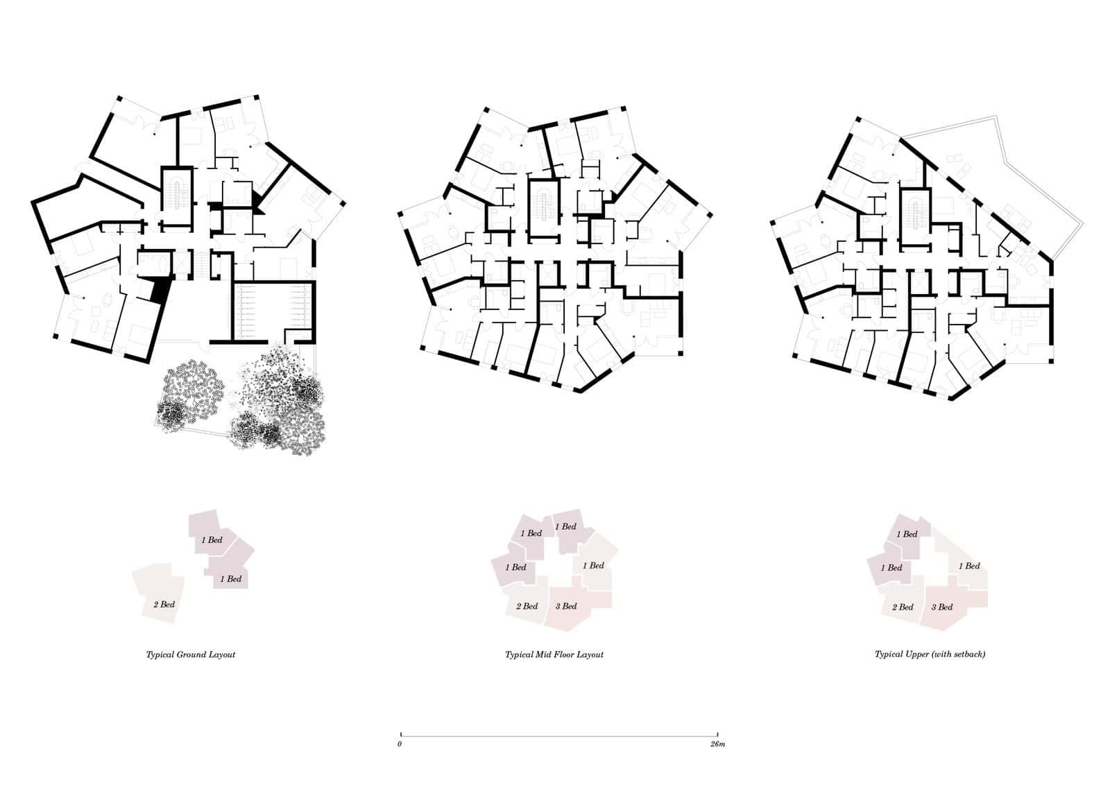 Three black-and-white typical floor plans of the faceted Lion Green Road blocks, showing flats arranged around a central core, with small block diagrams beneath
